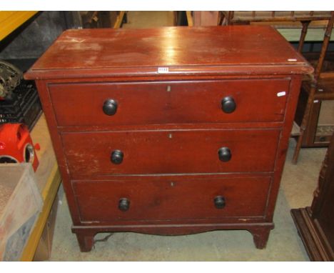 A Victorian stained pine bedroom chest of three long drawers, raised on bracket shaped supports, 3ft wide