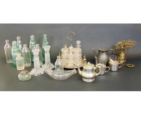 A mixed collection of silver plated and glassware to include a cruet bottle stand with various cut glass vessels, a pair of c