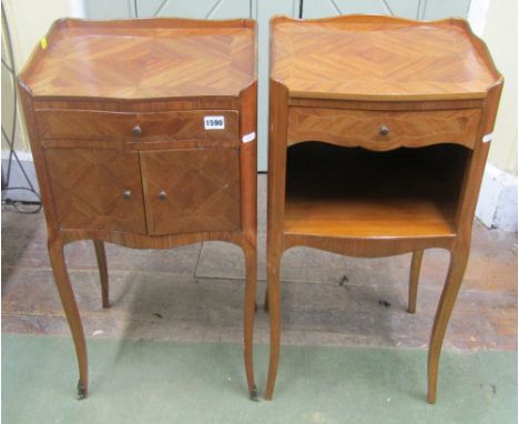 Two similar lamp or bedside tables, one fully enclosed drawer and two cupboards, the other partially enclosed by a single dra