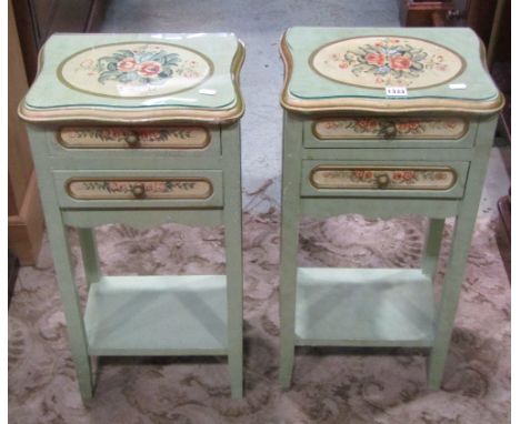 A pair of decorative two drawer bedside lamp tables, the tops with serpentine outline and green painted finish with foliate d