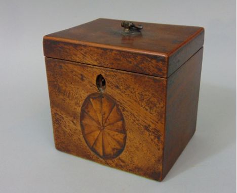 Georgian mahogany tea caddy with conch shell inlay, the hinged lid enclosing a fitted interior, 11cm high