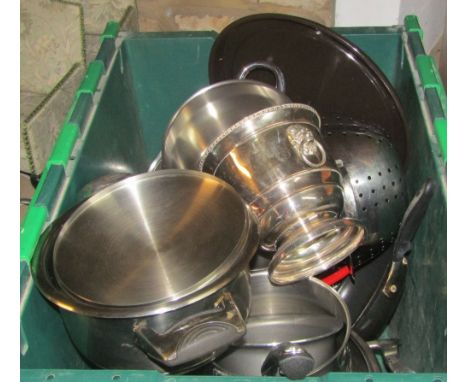 Kitchen wares to include a selection of Stellars stainless steel saucepans, a Berndes cast iron and enamel two handled pan, e
