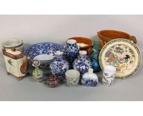 A collection of mainly oriental ceramics including a blue and white vase with painted leaf decoration, four character mark to