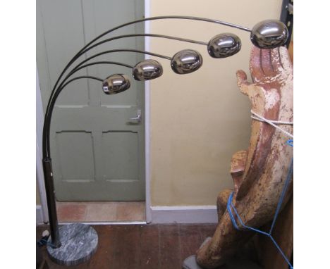 Mid 20th century Swedish Cottex five branch floor lamp with chrome shades and adjustable arms, raised on a circular marble ba