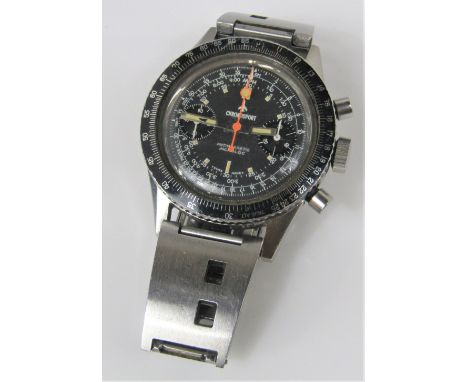 Vintage 1970s gent's stainless steel Chronosport Chronograph wrist watch, the black dial fitted with various numerals, two su