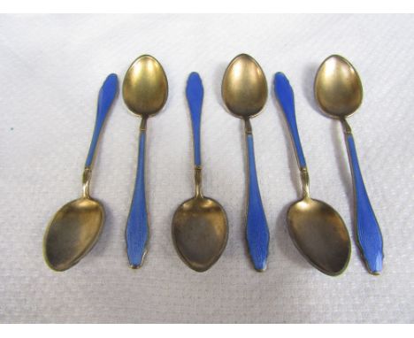 Cased set of six 925 silver and guilloche enamel coffee spoons, in blue, the case 15cm wide