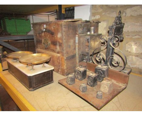 A vintage Shearsons pine framed egg incubator, together with two sets of weighing scales of varying design (3)