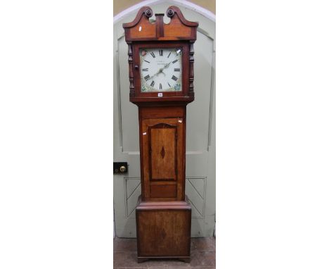 19th century oak and mahogany cottage longcase clock with square painted dial and floral spandrels, with subsidiary calendar 