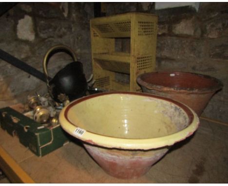 Two vintage terracotta crocks/preserving pans, with slip interior, together with a three tier Tala vegetable rack, kitchen sc