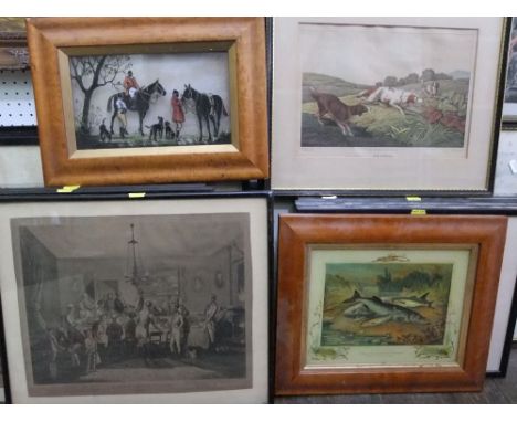 A collection of sporting related prints including a set of four 19th century coloured hunting engravings after Henry Alken, 4