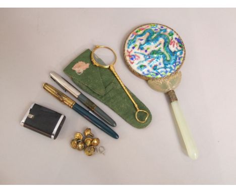 Cantonese mirror with raised dragon back, Victorian gold plated lorgnette, military buttons, etc