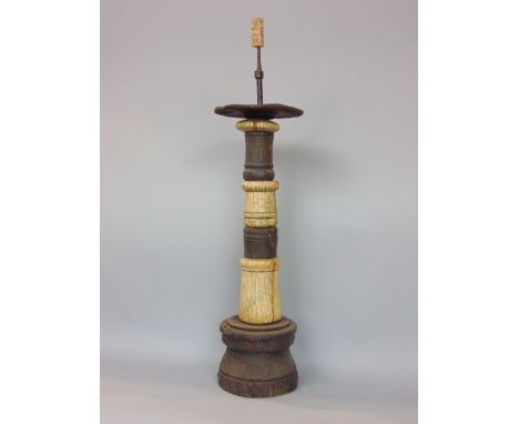 Interesting Chinese bone and wooden pricket stick, the bone panels impressed with a Chinese calligraphy seal, 63cm high