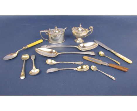 Two silver mustards, both with blue glass liners, with a collection of silver and plated flatware to include two Georgian sil