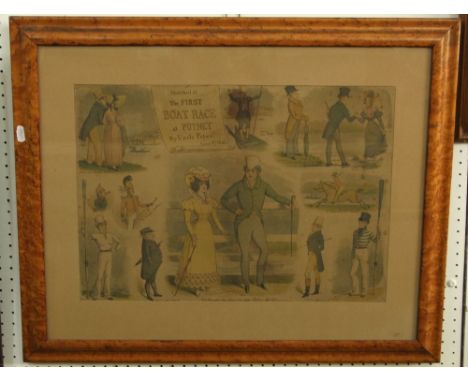 F Chasemore (19th century British) - Vignettes of figures at the first boat race at Putney, with printed scroll inscribed By 