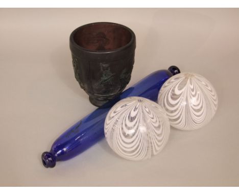 A mixed collection of glassware to include amethyst cameo type glass pot, decorated with a classical scene of dancing figures
