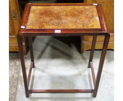 A Chinese hardwood occasional table of rectangular form with inset burr walnut veneered panel top, raised on square cut and m