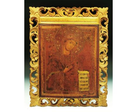 Early 19th century (Russian school) - Icon of The Virgin Mary holding an inscribed panel with Cyrillic text, with oil painted