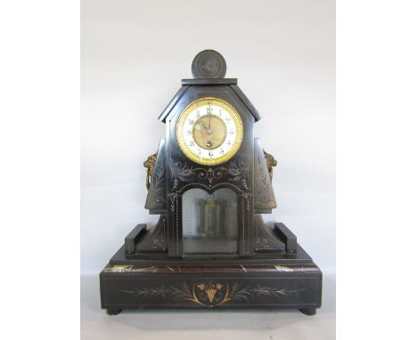 19th century French black slate mantle clock, with single train dial fitted with an enamel chapter ring with Arabic numerals,