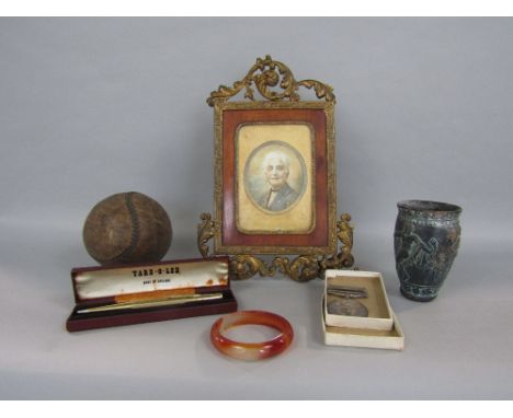 Collection of interesting miscellaneous items to include an early 20th century bust watercolour of an elderly lady within a R