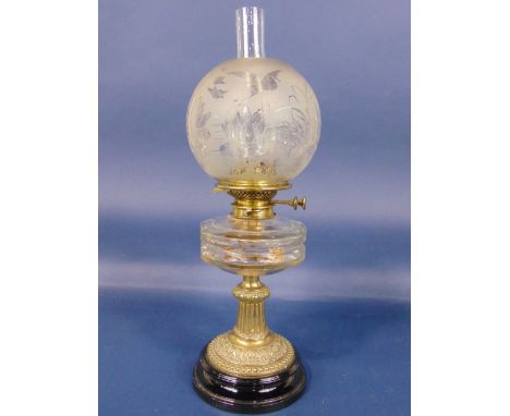 Victorian oil lamp with glass font duplex burner, and globular etched glass shade