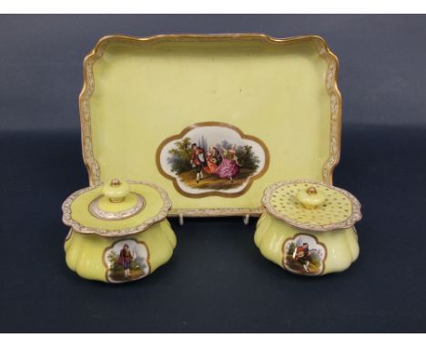 A 19th century Meissen type yellow ground standish with painted reserve panels in the Watteauesque manner and comprising a re