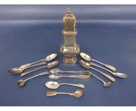 Silver square baluster castor together with a collection of silver flatware, 11oz approx