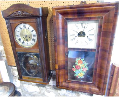 Vintage oak cased drop dial twin train wall clock, together with a further American ogee wall clock (2)
