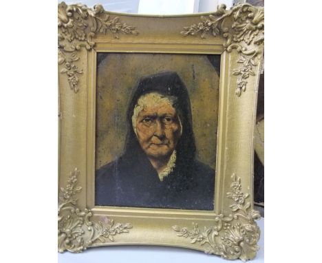 19th century school - shoulder length study of an old woman in black hood, oil on panel, unsigned, 24 x 19 cm approx, togethe