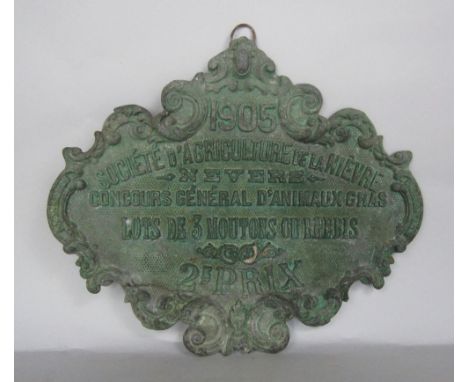 Early 20th century French lead panel, inscribed '1905, Societe D'agriculteur de La Nievre...', with patinated finish, 28cm hi