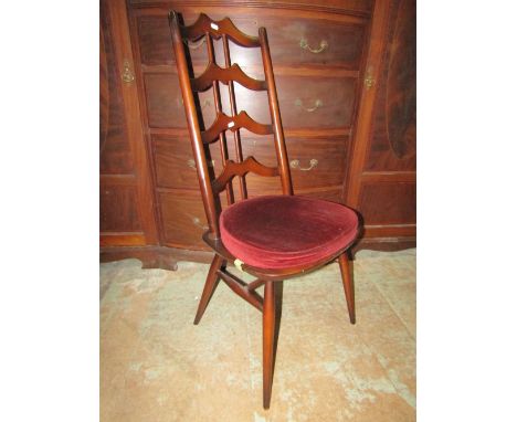 A set of four (3+1) unusual Ercol 496 dark stained elm and beechwood dining chairs, model 496, with tapered wavy ladder backs