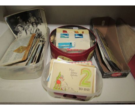 A mixed collection of items including post cards, black and white photos, vintage cards, etc, together with two unaddressed f