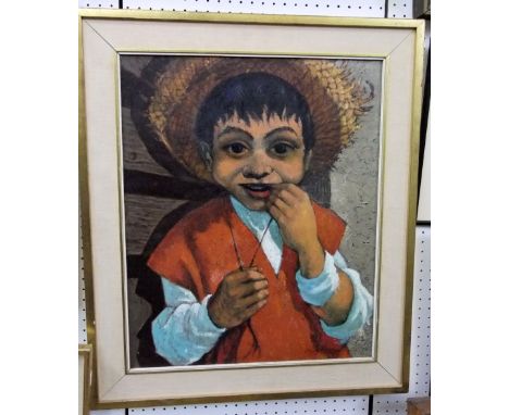 Peter Carl Barrett - Half length portrait of a boy in a straw hat - Juanito, oil on canvas, signed with Royal Academy Exhibit