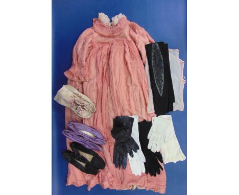 Collection of vintage clothing to include a Victorian child's smock dress, Victorian ladies shoes, ladies gloves, baby clothe