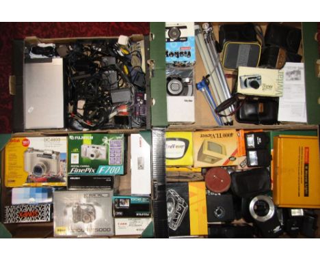 Two boxes containing a collection of vintage cameras and equipment to include view finders, Kodak, Fuji, Nikon, etc