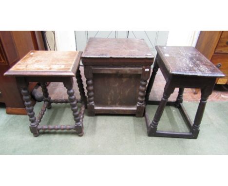 An 18th century oak enclosed stool box with rising lid, moulded corners and panelled framework, together with a 17th/18th cen