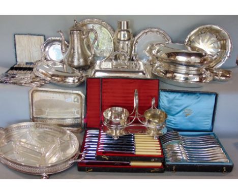 Two boxes containing a variety of silver plated items to include entree dishes, cocktail shaker, salvers, together with boxed