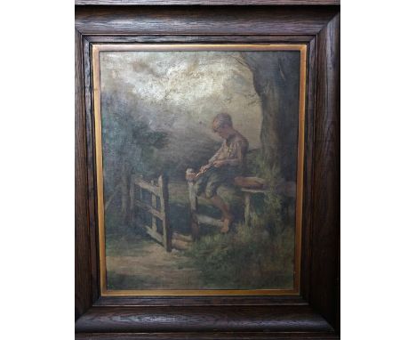 Early 20th century school, country scene with boy seated on a fence whittling a stick, oil on canvas, signed with initials MT