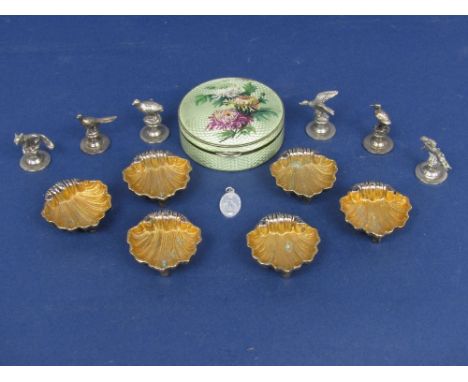 A mixed collection of white metal items to include a silver guilloche enamel lidded pot, the hinged lid decorated with a flor