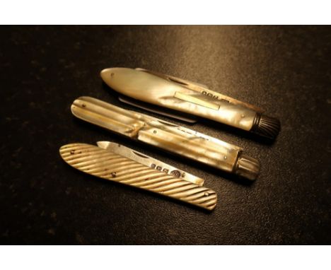 Three silver hallmarked and Mother of Pearl fruit/pocket knifes 