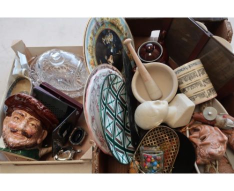 Various decorative ceramics, pestle and mortar, transfer printed tankards, an elaborate cut glass butter dish, transfer print