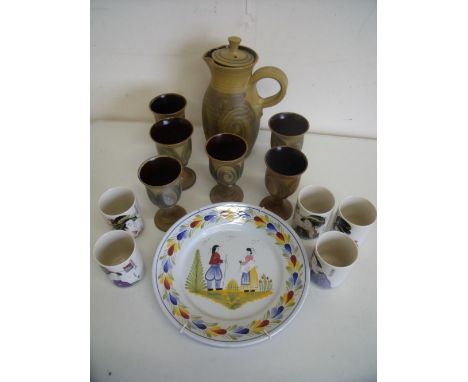 Alvingham pottery jug and six goblet set, five Japanese ceramic beakers and a Quimper of France HB Henriot plate 