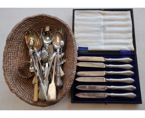 Case set of six silver hallmark handled side knifes and a wicker basket containing a selection of various plated and some sil
