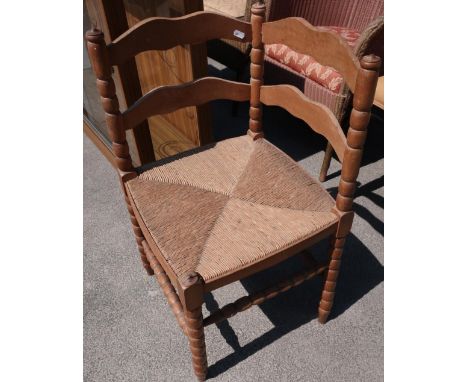 Beech country made corner chair with rush seat, turned bobbin legs and under stretcher 