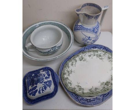 Selection of Victorian and later decorative ceramics including large bowl, blue &amp; white transfer print jug, chamber pots,
