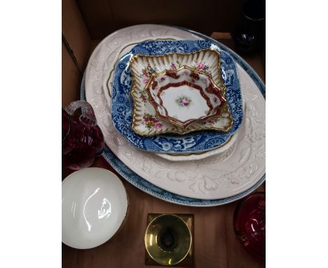 Victorian and later decorative ceramics including two large meat plates, Spode, Limoge trinket dish, cranberry glass jug and 