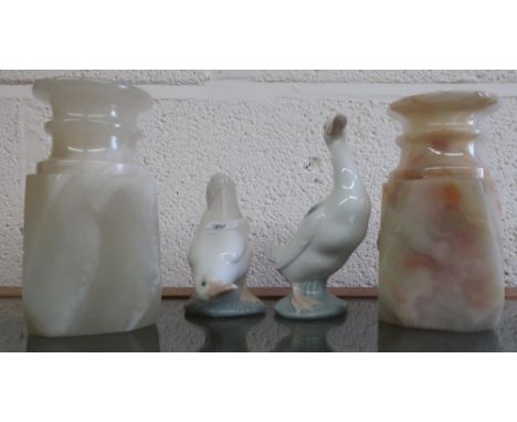 Pair of onyx vases (height 15.5cm) and two Nao ducks (4) 