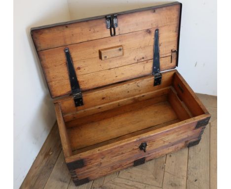 19th C polished pine metal bound trunk 