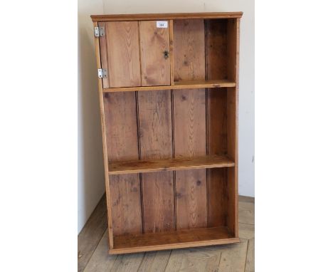 Late 19th C wood shelf, three open shelves and offset panelled cupboard to the top shelf (54cm x 90cm x 15cm) 
