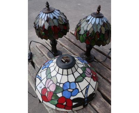 A pair of modern Tiffany style stained glass &amp; lead glazed table lamps and a matching centre lightshade 