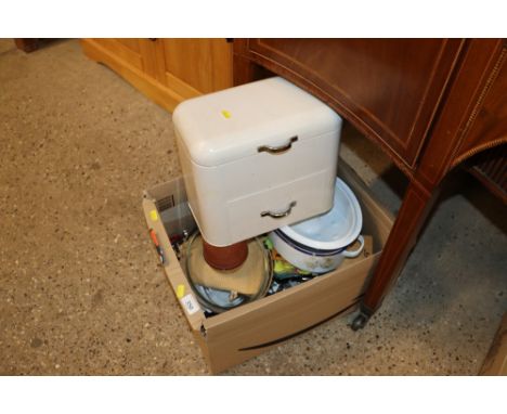 A quantity of kitchenalia including an enamel bread bin